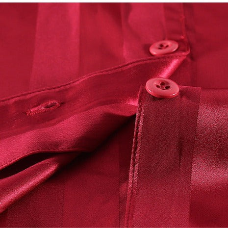 Vネック半袖×ハーフパンツ ストライプサテン調ルームウェア ~ペアシリーズ~ 男ウケ部屋着デート服 カップルパジャマ