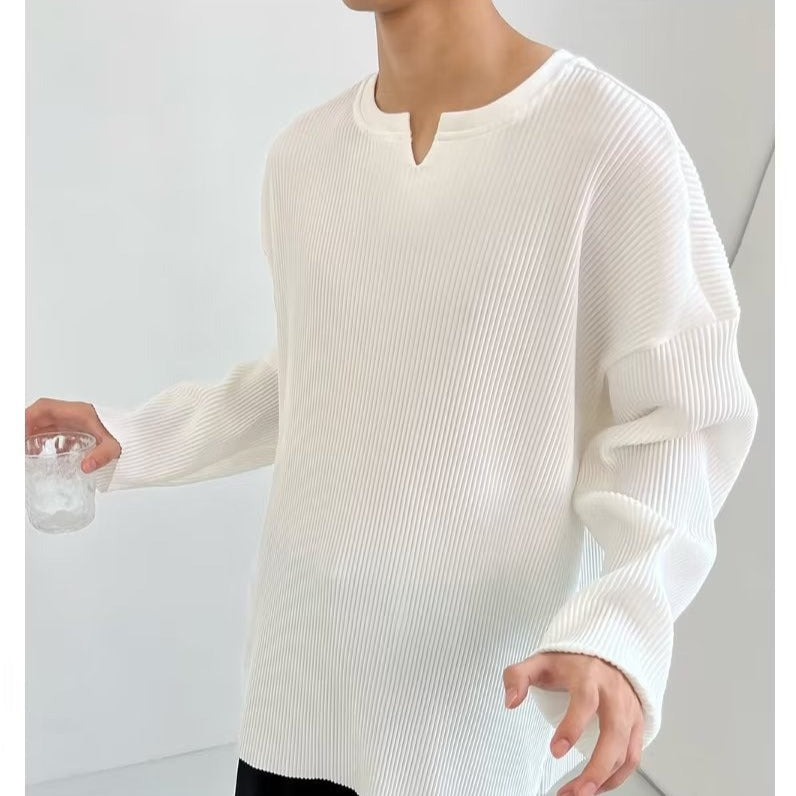 【メンズ】春秋のトップス: 薄手長袖TシャツVネック ルーズフィット プリーツデザイン | 20代30代40代におすすめ