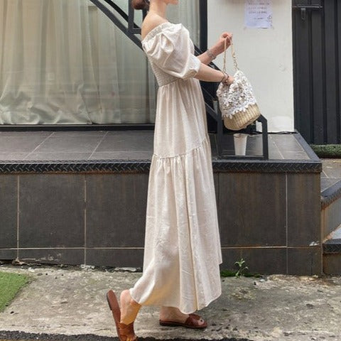 2WAYパフスリーブティアードロングワンピース 男ウケ抜群の夏デート服