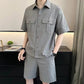 【メンズ】夏のセットアップ: エンボス生地セットアップ 半袖ワークシャツ×ハーフパンツ | 20代30代40代におすすめ