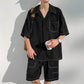 【メンズ】夏のセットアップ: ステッチデザイン上下セットアップ ５分袖ビッグシルエットシャツジャケット×ハーフパンツ | 20代30代におすすめ
