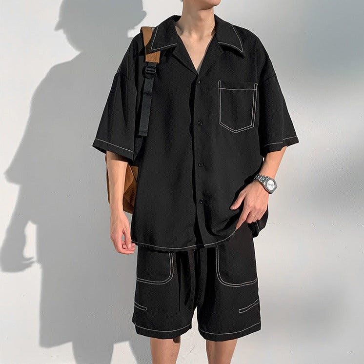 【メンズ】夏のセットアップ: ステッチデザイン上下セットアップ ５分袖ビッグシルエットシャツジャケット×ハーフパンツ | 20代30代におすすめ