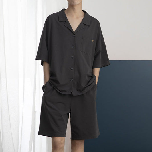 【メンズ】夏のパジャマセットアップ: コットン生地上下セットアップ グレー 半袖シャツ×ハーフパンツ | 20代30代40代におすすめ
