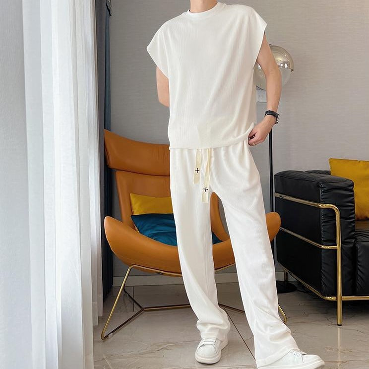【メンズ】夏のセットアップ:  クルーネック半袖×ロングパンツ 大人モード エラスティックセットアップ | 20代30代40代におすすめ