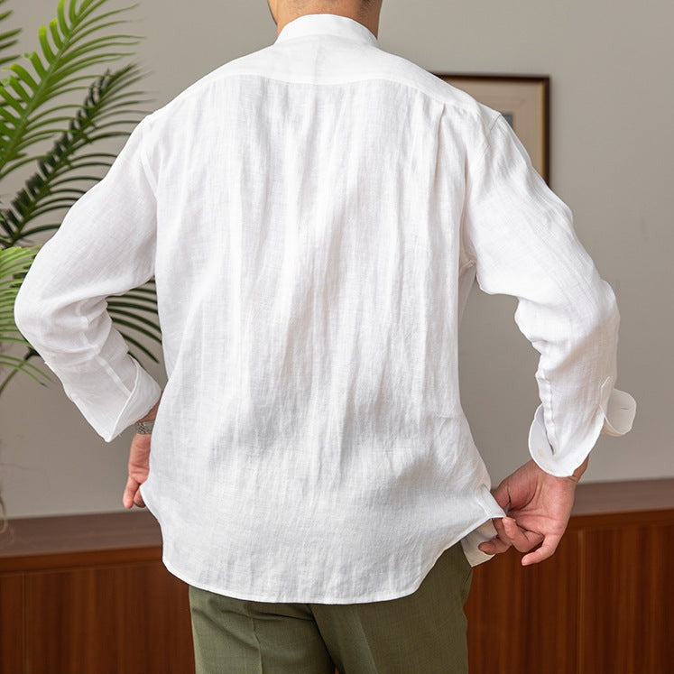 【メンズ】夏のトップス: リネン素材長袖シャツ スタンドカラー | 20代30代40代におすすめ