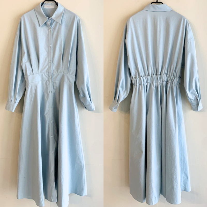 ライトブルーのシャツワンピースの前後デザインが分かる商品画像