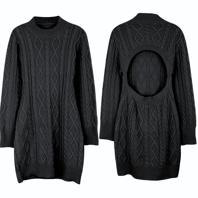 デート服にも映えるバックオープンニットワンピース前後デザイン（ブラック）