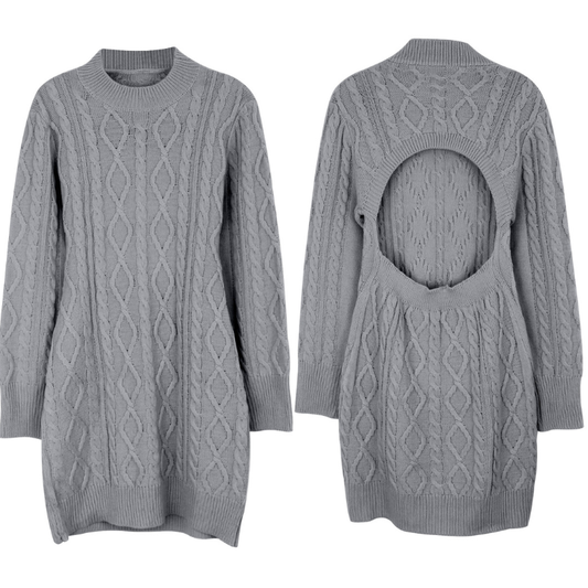 体のラインを美しく見せるケーブル編みニットワンピース前後デザイン