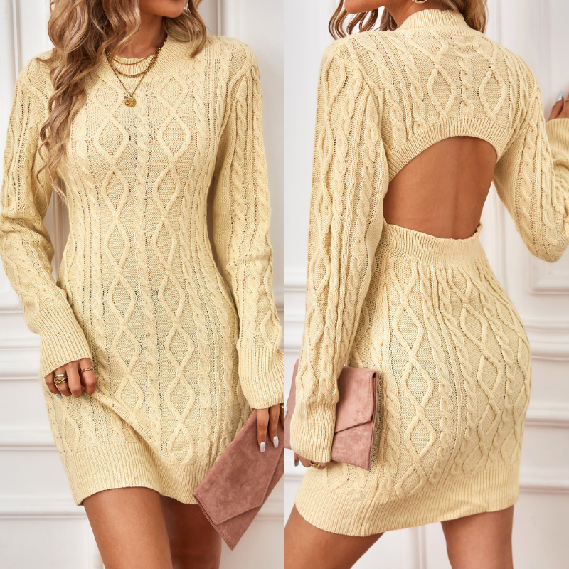 バックオープンデザインで色気を演出するケーブル編みニットワンピースの正面ス・背面タイル