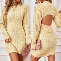 バックオープンデザインで色気を演出するケーブル編みニットワンピースの正面ス・背面タイル