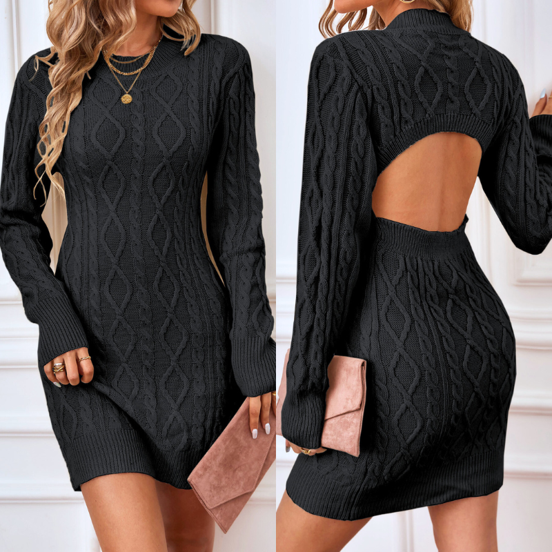 男ウケ抜群の色気を引き立てるブラックケーブル編みニットワンピース