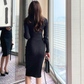 上品でスタイルアップが叶うブラックリブワンピース。彼ウケ抜群のデート服。