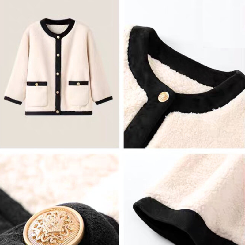 ゴールドボタンが上品な配色ボアカーディガン デートに着てほしい部屋着