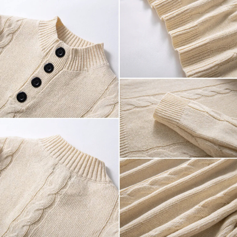 ケーブル編みとリブ仕様が分かるニットセーターの生地ディテール