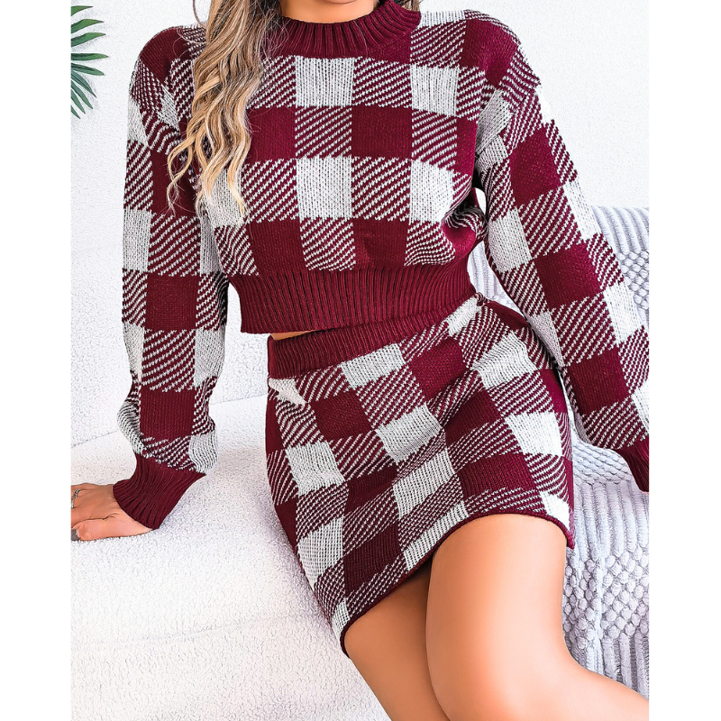 女性らしさが引き立つチェック柄ニットセットアップ（ボルドー）