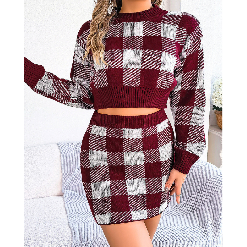 短丈ニットでスタイルアップするデート服セットアップ（ボルドー）