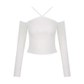 ホワイトのクロスストラップ肩見せリブニットトップスの商品画像