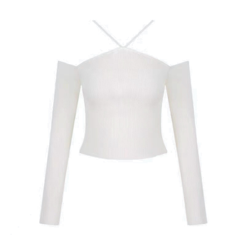 ホワイトのクロスストラップ肩見せリブニットトップスの商品画像