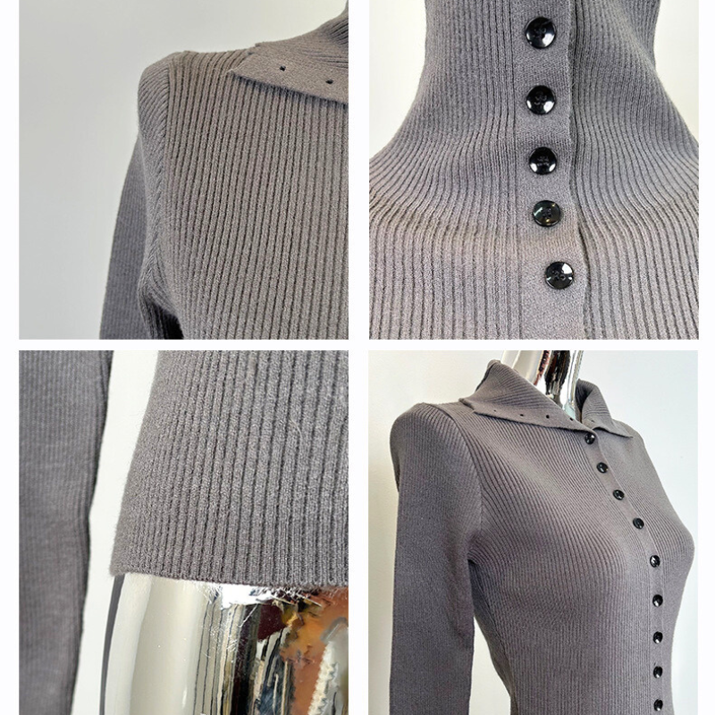 グレーのリブニットトップスのディテール写真。ボタン・襟・リブの質感がわかる春秋冬向けのデート服向けアイテム。