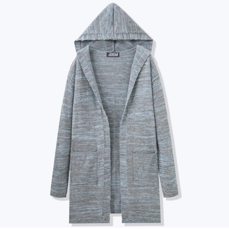 フード付きロングニットカーディガンの正面デザイン