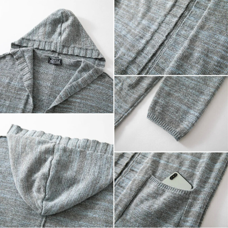 ミックス調の編み地が特徴のフード付きロングニットカーディガンの素材感