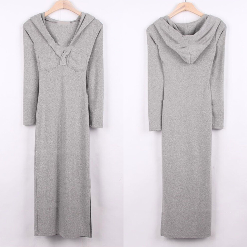 グレーのフード付きスウェットワンピースの平置き前後デザイン画像