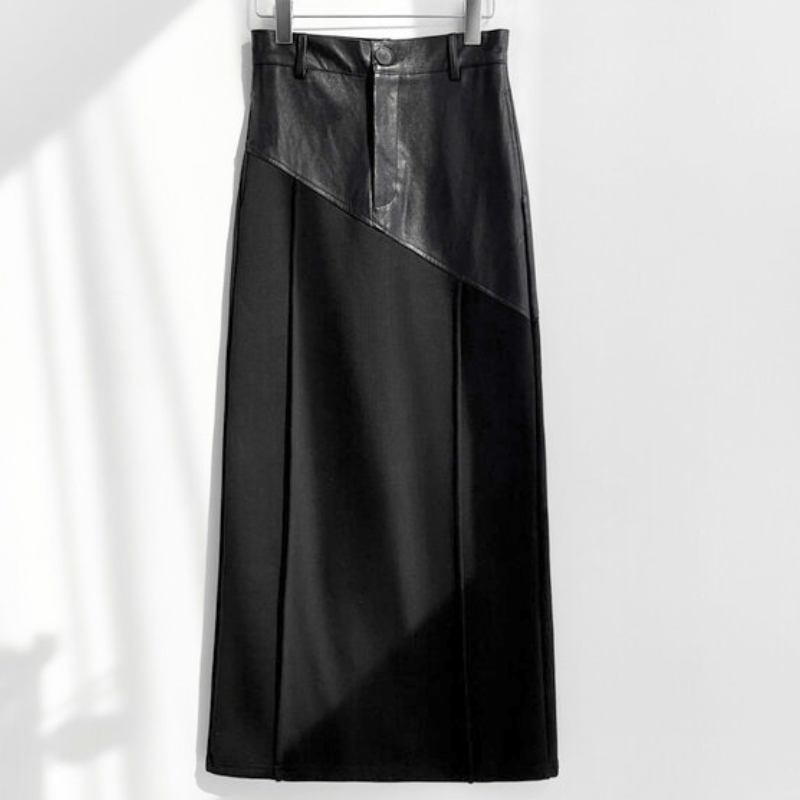 黒のレザー切り替えハイウエストロングスカートの商品画像