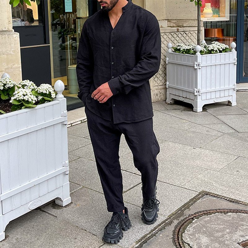 リネンセットアップ スタンドカラーシャツ×アンクルパンツ｜旅行やGWに