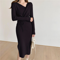 2wayオフショルダー ウエストギャザーニットワンピース