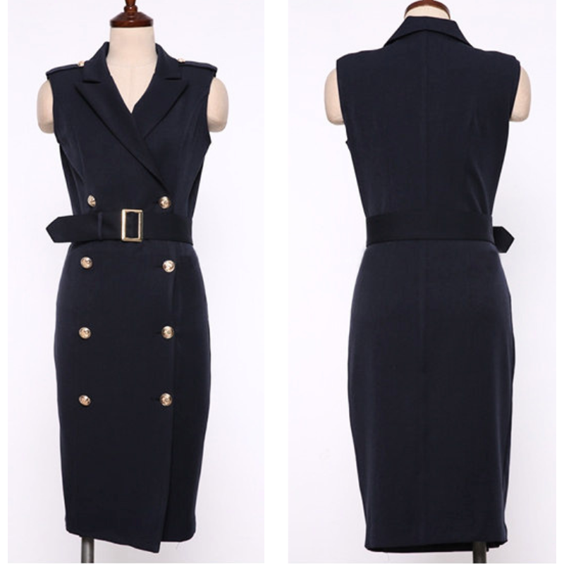 トルソーで撮影したネイビーテーラードワンピースの前後デザイン
