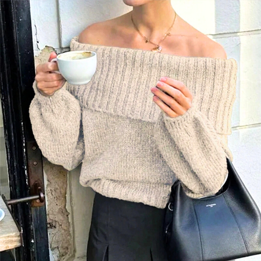 ベージュオフショルリブニットトップス｜カフェデートにぴったりな上品肌見せコーデ