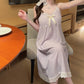 パープルのお嬢様風リボンレースキャミワンピースを正面から。胸パッド付きで1枚でも安心