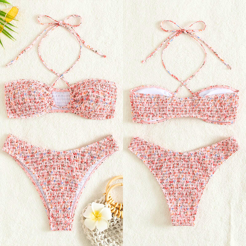 シャーリング素材のバンドゥビキニ上下セット（ピンク）