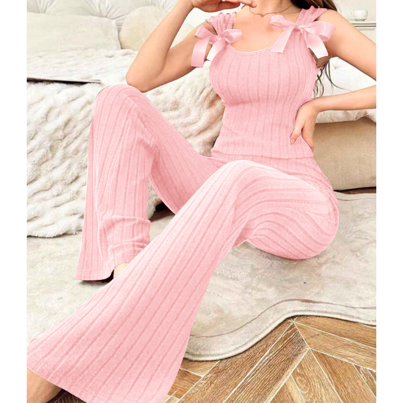 ピンクカラーの肩リボン付きノースリーブリブルームウェアセット