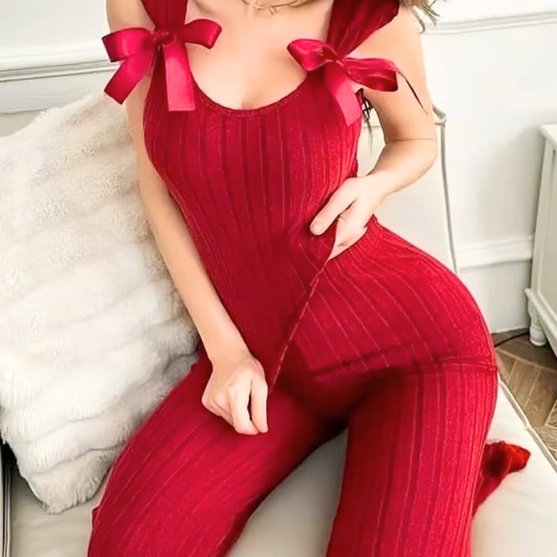 肩リボンデザインが映えるノースリーブリブルームウェアトップス