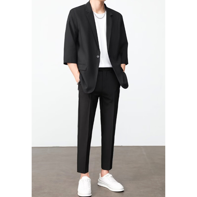 ブラック7分袖ジャケット×パンツ 春夏セットアップ メンズ スタイリング
