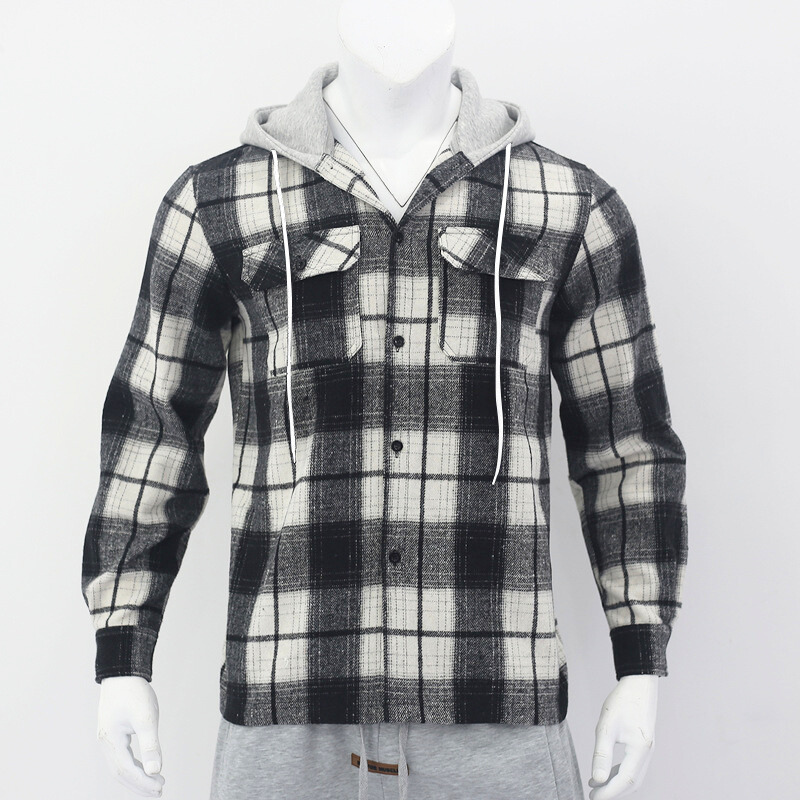 フランネルジャカード生地のシャツジャケット正面ディスプレイ｜立体チェック柄とフードが特徴