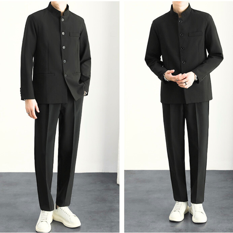 30代・40代メンズ向け春秋冬スタンドカラージャケット×スラックスの縦長シルエット