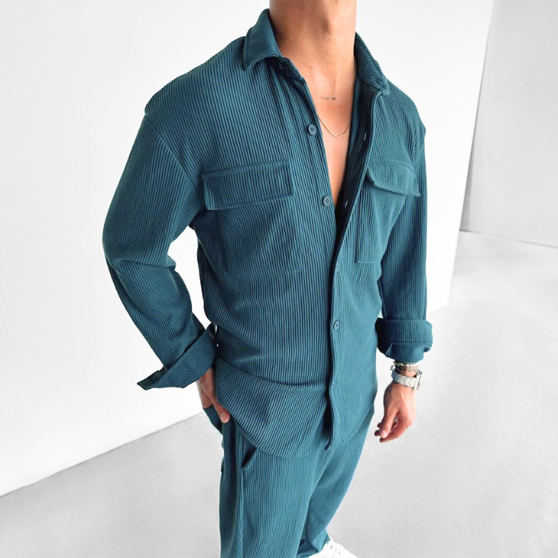 リブ素材セットアップ ワークシャツ×ロングパンツ｜カフェや近場の外出に