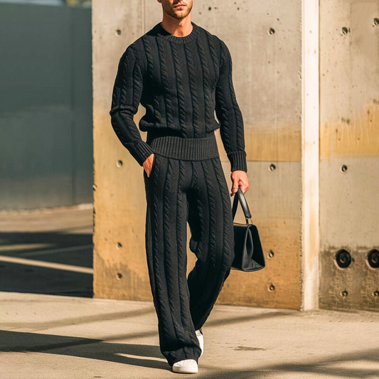 30代・40代メンズ向け 秋冬ケーブル編みニットセットアップ ブラック コーディネート