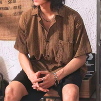 透かし柄オープンカラーシャツ ブラウン 着用イメージ（上半身）