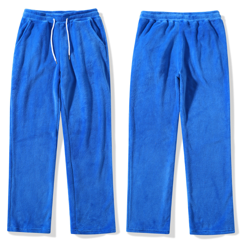 ブルーのパンツ前後平置き画像｜軽くて柔らかなフリース生地