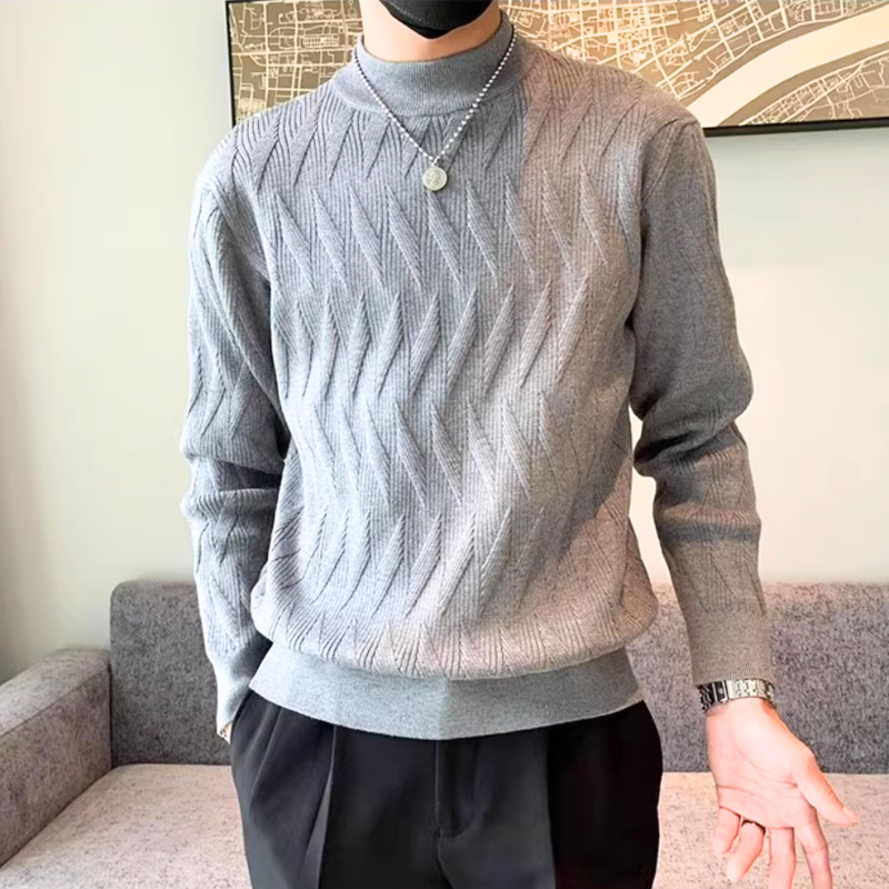 30代メンズに人気の波打つリブ柄ニット。グレーでまとめた上品な春秋冬スタイル