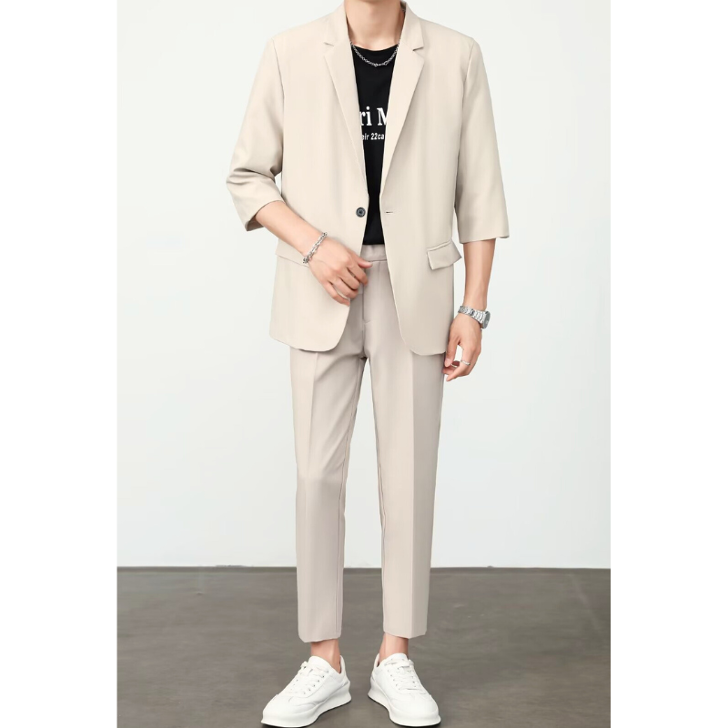 春夏アイボリー系7分袖セットアップ メンズ 30代向け全身コーデ