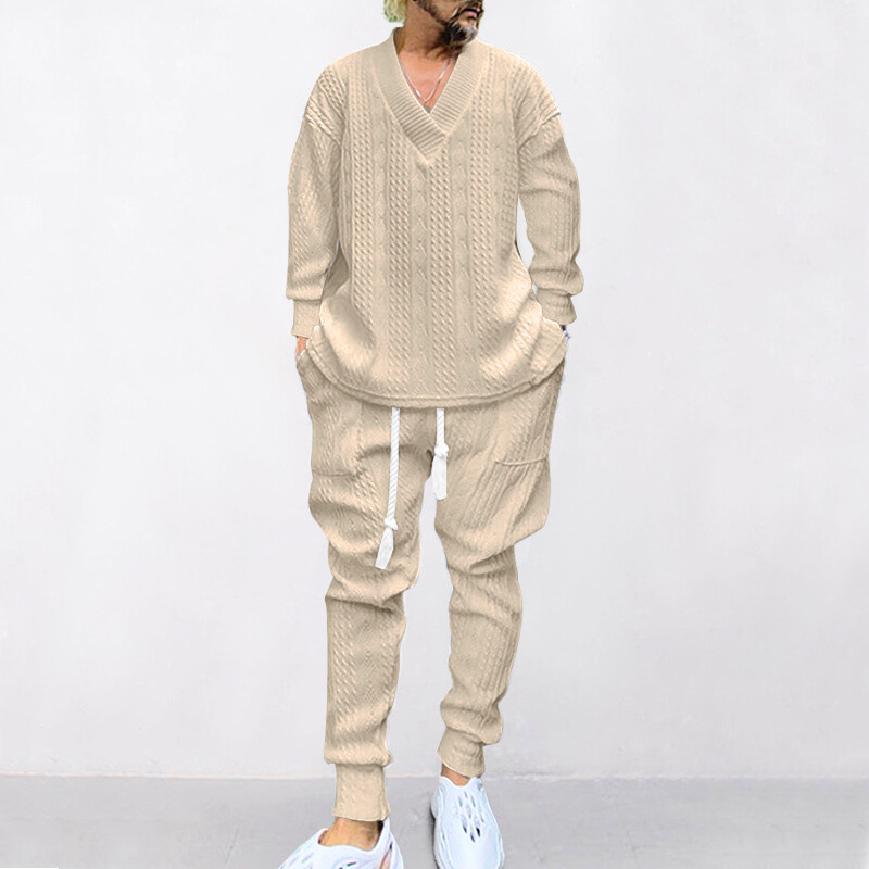 ジャガードスウェットセットアップ 長袖Vネックトップス×ジョガーパンツ ベージュ メンズ