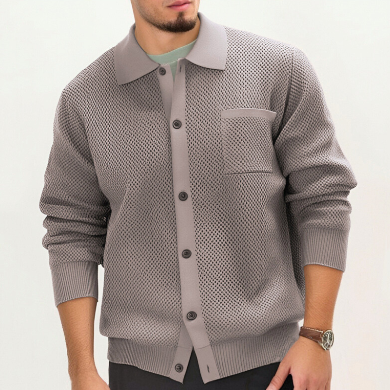 襟付きニットカーディガン グレー 正面スタイル メンズ