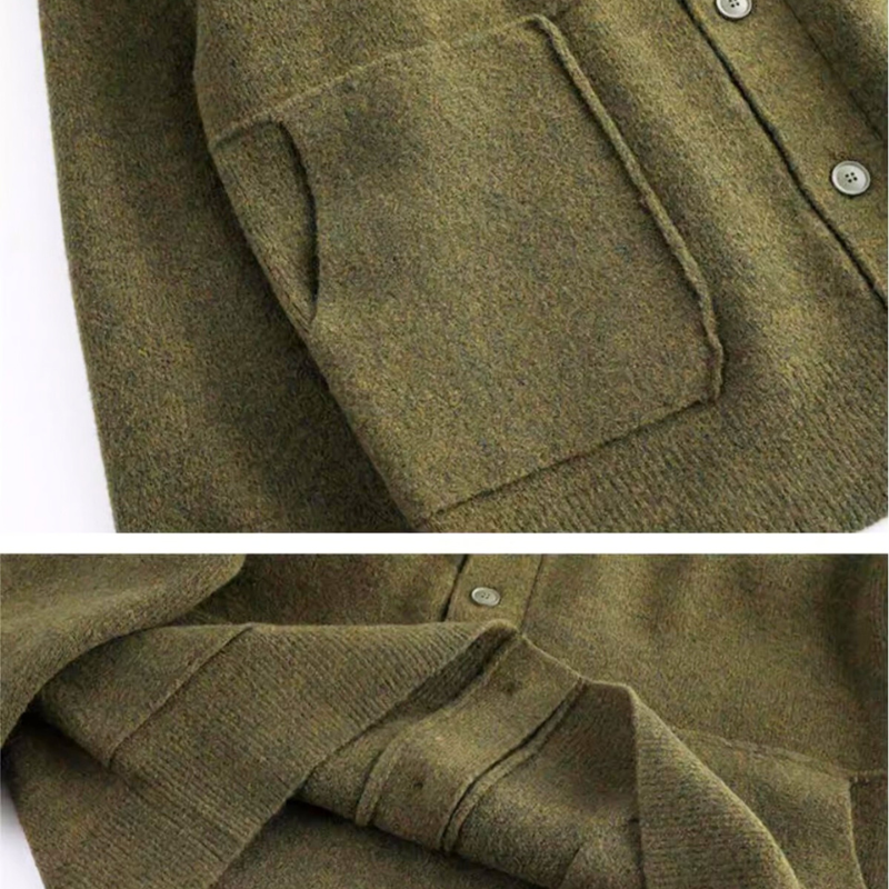 大人メンズ向けカーデジャケットの裾リブとボタンディテール