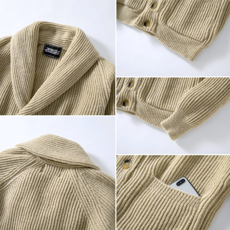 ショールカラーとボタンディテールが特徴のメンズリブニットカーディガン