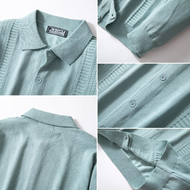 襟・ボタン・透かし編みディテールが分かるニットカーディガンの素材感