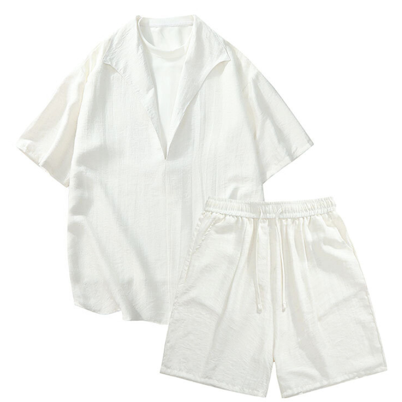 リネンセットアップ（ホワイト）上下セットの組み合わせ画像（トップス＋ショーツ）